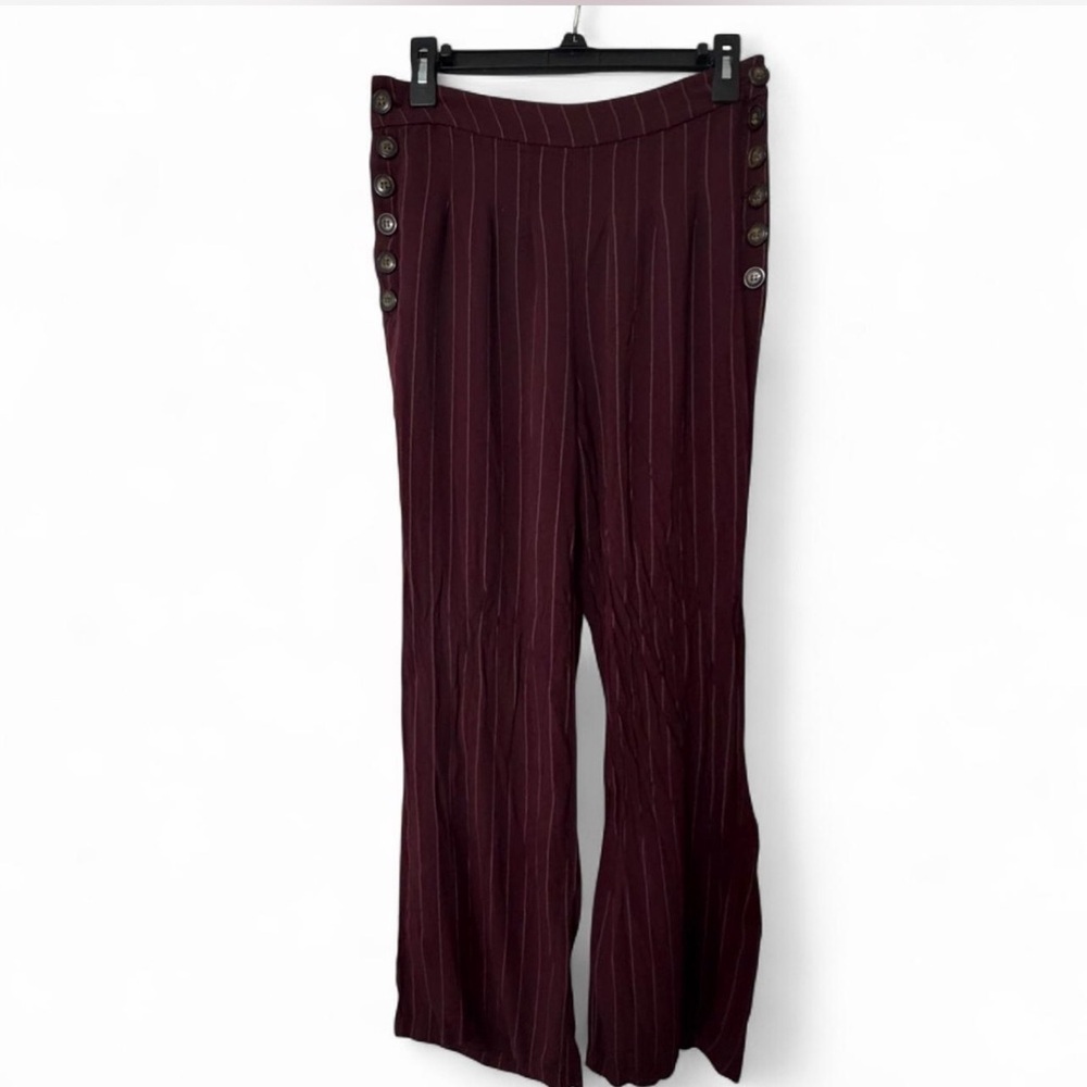 Rewash Burgundy Pinstripe Wide-Leg Pants with Side Button Detail